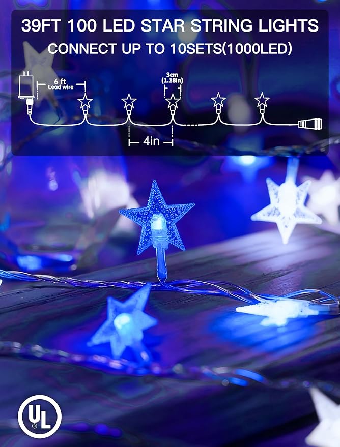 Star String Lights Plug in,39ft 100LED Fairy Lights with Remote, Hanging Star Decorations Lights Waterproof for Indoor Outdoor Bedroom Classroom Dorm Kids Tent Party Decor,Blue White