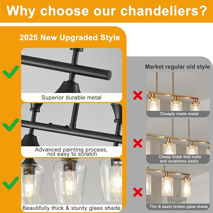 37" Dining Room Light Fixture/Chandelier Over Table, 5-Light Matte Black Kitchen Island Lighting with Clear Glass Shade, Modern Hanging Pendant Lights Fixture for Kitchen Island, Dining Room, Bar
