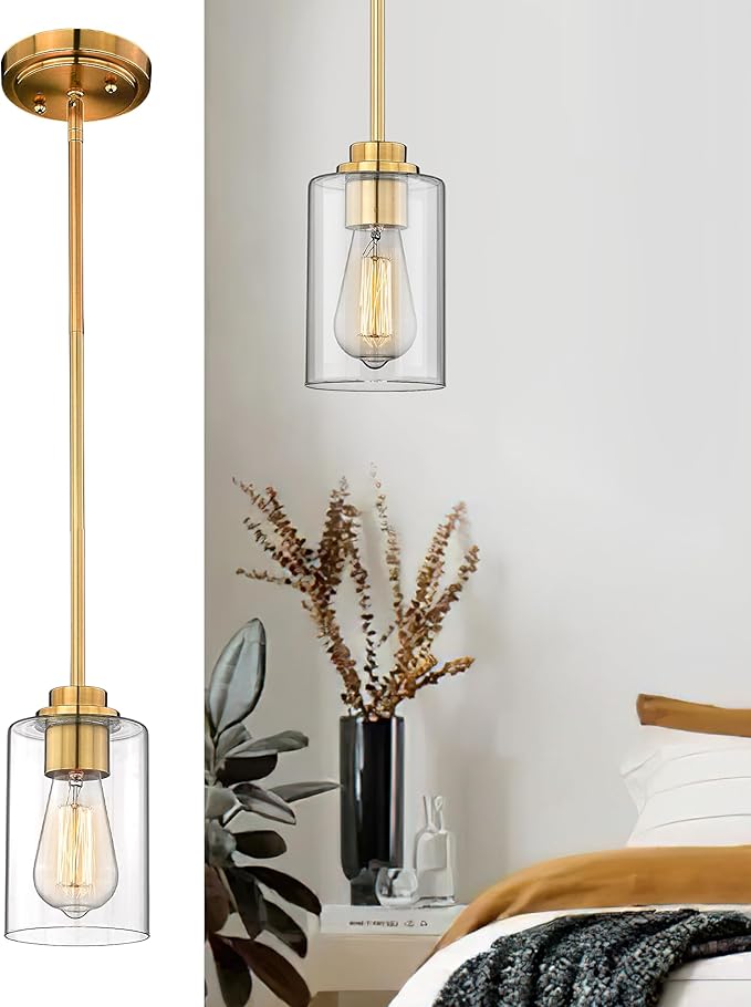 Pendant Lights Kitchen Island, Farmhouse Gold Pendant Lighting with Clear Glass Shade, Kitchen Pendant Lighting Over Island for Dining Room Entryway, AD-22281-1P-GD-C