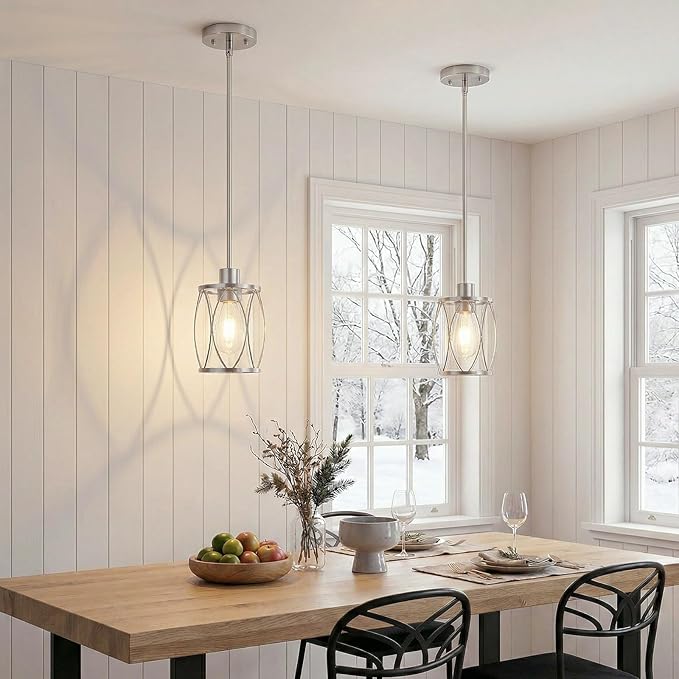Glass Pendant Lights Kitchen Island Brushed Nickel Pendant Light Fixtures Adjustable Modern Mini Hanging Light with Clear Glass for Sink Dining Room Foyer Entryway Bar, 1 Pack