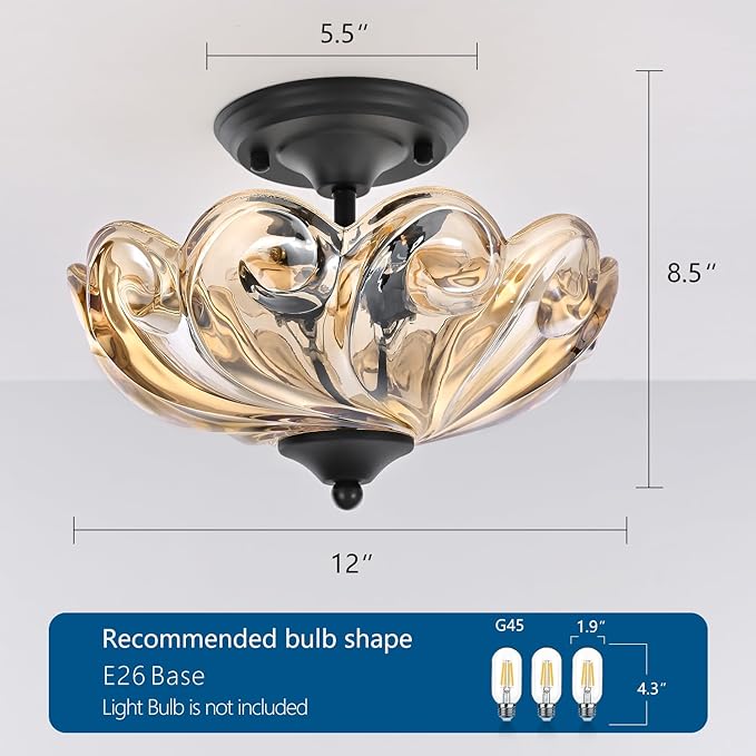 HuixuTe Modern Semi Flush Mount Ceiling Light, 3-Light Black Close to Ceiling Light Fixture with Amber Glass Shade for Bedroom Living Room Entryway
