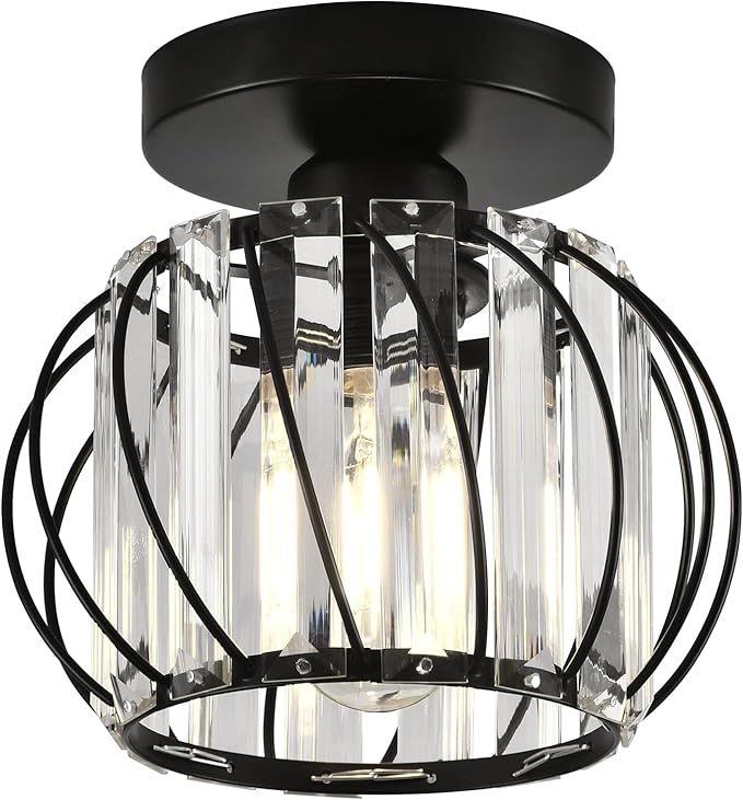 Crystal Ceiling Light, Crystal Semi Flush Mount Ceiling Light Black Crystal Chandelier for Kitchen Hallway Entrance Balcony Dining Rooms Living Rooms Bar Farmhouse