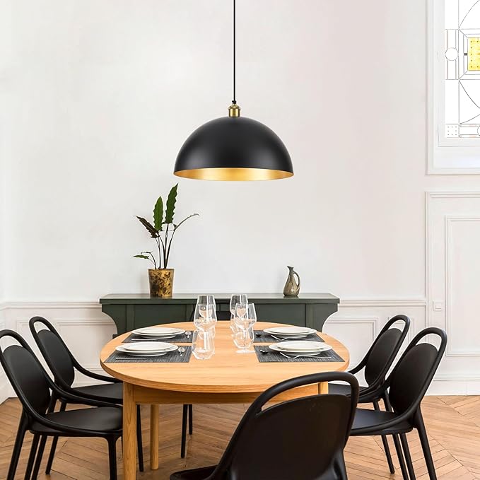 Black Vintage Pendant Light 16 Inch, Large Dome Pendant Lights Kitchen Island Adjustable Height Industrial Pendant Light Fixtures for Kitchen Dining Room Bedroom 2 Pack