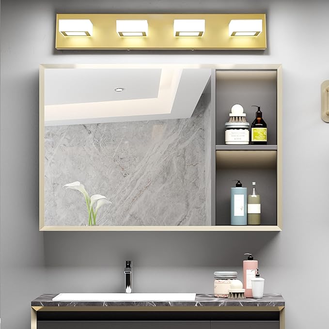 Ralbay Modern Gold Vanity Lights for Bathroom 4 Lights LED Over Mirror Fixture Acrylic Wall Light, 25.6 Inch, White Light 6000K, 8590-Gold-Silver