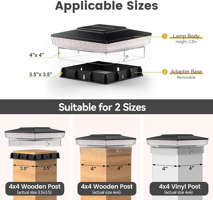 KEILAIMO Solar Post Cap Lights 12 Packs for 4x4 Wooden/Vinyl Posts, IP65 Waterproof Fence Post Solar Lights with Warm/Cool/Neutral Lighting, Outdoor Post Lights for Garden, Patio, Porch- Black