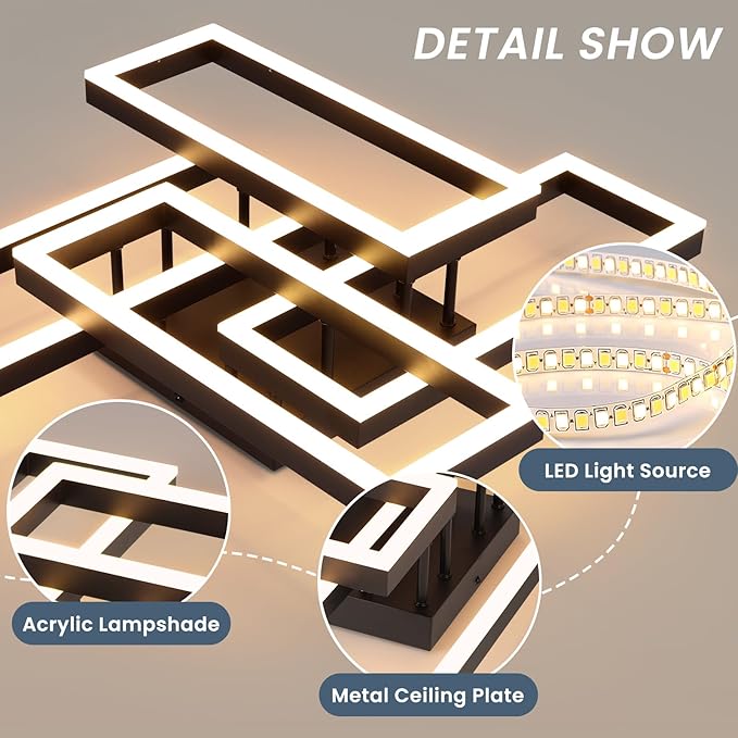 EIDISUNY Modern Led Ceiling Light for Living Room,Black Flush Mount Ceiling Lights with Remote Control&APP，3000-6500K Dimmable, 54W Acrylic Ceiling Lamp for Bedroom Kitchen Dining Room