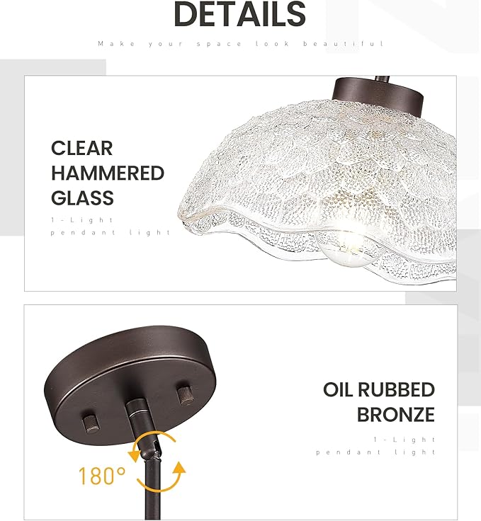 zeyu 1-Pack Adjustable Hanging Light, Bronze Pendant Light, Kitchen Island Hanging Ceiling Light with Clear Hammered Glass, Oil Rubbed Bronze Finish, ZJX116M1L ORB