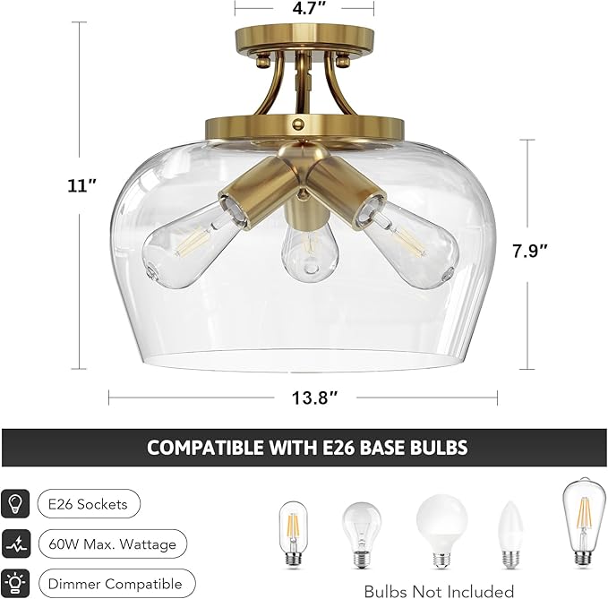 VONLUCE Semi Flush Mount Ceiling Light, 13.8" Ceiling Light Fixture with Clear Glass Shade, E26 Base, 3-Bulb Industrial Lighting Fixture for Hallway Entryway Bedroom, Brushed Gold, ETL Certificated