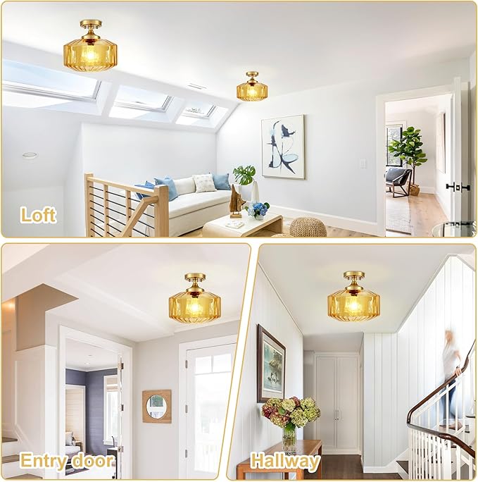 2 Pack Flush Mount Light Fixture Glass Globe Ceiling Light Amber Striped Glass Shade Gold Indoor Semi Flush Mount Chandelier Ceiling Light for Hallway, Kitchen, Entryway, Bedroom