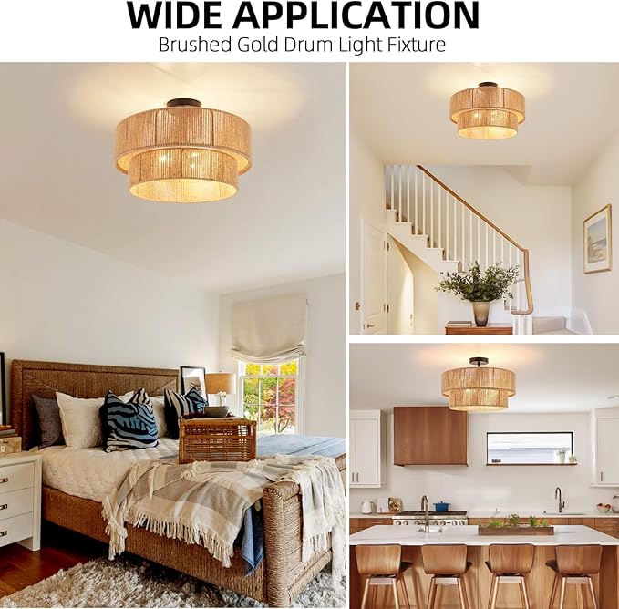 Boho Semi Flush Mount Ceiling Light Rattan Ceiling Light 18" Farmhouse Ceiling Lamp with Natural Hemp Rope Lampshade for Dining Room Living Room Bedroom Kitchen