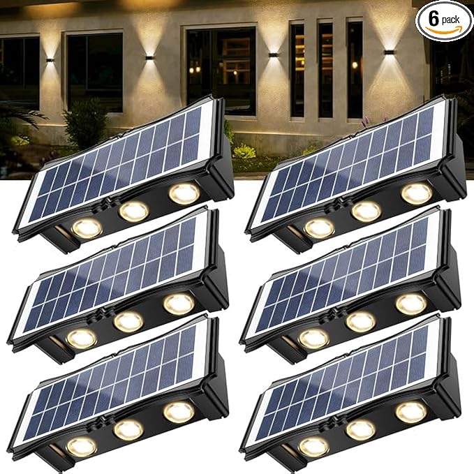 Solar Step Lights Outdoor, 6 Pack 1500mAh Wall Lights，Fence Lights Solar Powered, IP65 Outdoor Up and Down Solar Lighting for Step, Wall, Fence