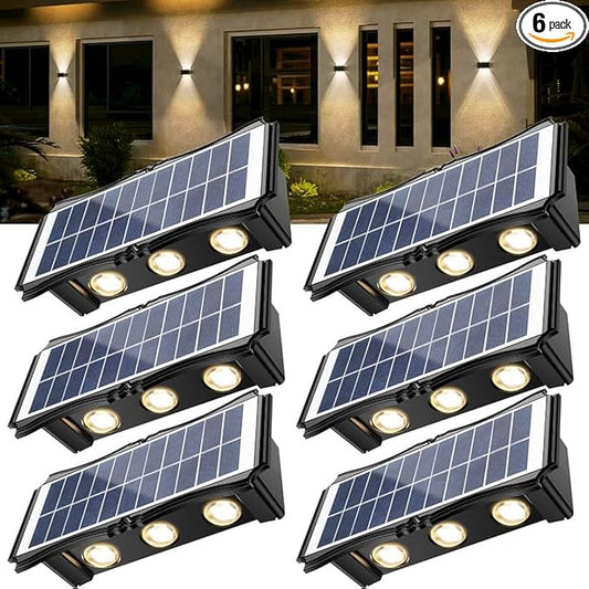 Solar Step Lights Outdoor, 6 Pack 1500mAh Wall Lights，Fence Lights Solar Powered, IP65 Outdoor Up and Down Solar Lighting for Step, Wall, Fence