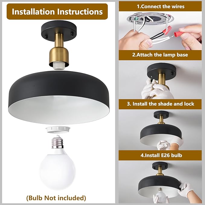 Modern Semi Flush Mount Ceiling Light,Mid Century Hallway Ceiling Light Fixture,E26 Ceramic Lamp Head,Black and Gold Light Fxiture Ceiling for Kitchen Entryway Bedroom Hall Entry (12.6 in)