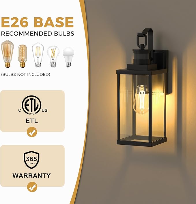 DORESshop Large Size Motion Sensor Outdoor Wall Lights, 16 Inch Matte Black Waterproof Anti-Rust Outdoor Light Fixtures Wall Mount with Clear Glass Shade for Porch, Garage, ETL Listed, 2 Pack