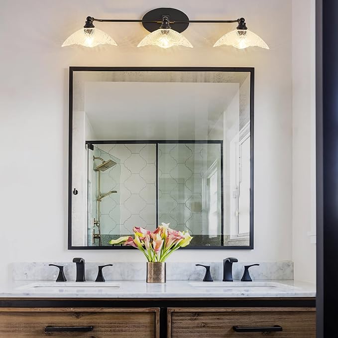 Vintage Vanity Light, 3-Light Black Vanity Light Bathroom Lights fixtures Over Mirror 33.85 Inch Modern Dimmable Bath Light Fixture for Bathroom Makeup, (Requires E12 Bulb, Not Included)