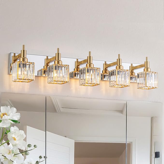 Crystal Bathroom Light Gold Chrome 5-Light Modern Bathroom Vanity Fixtures Over Mirror Square Wall Sconce