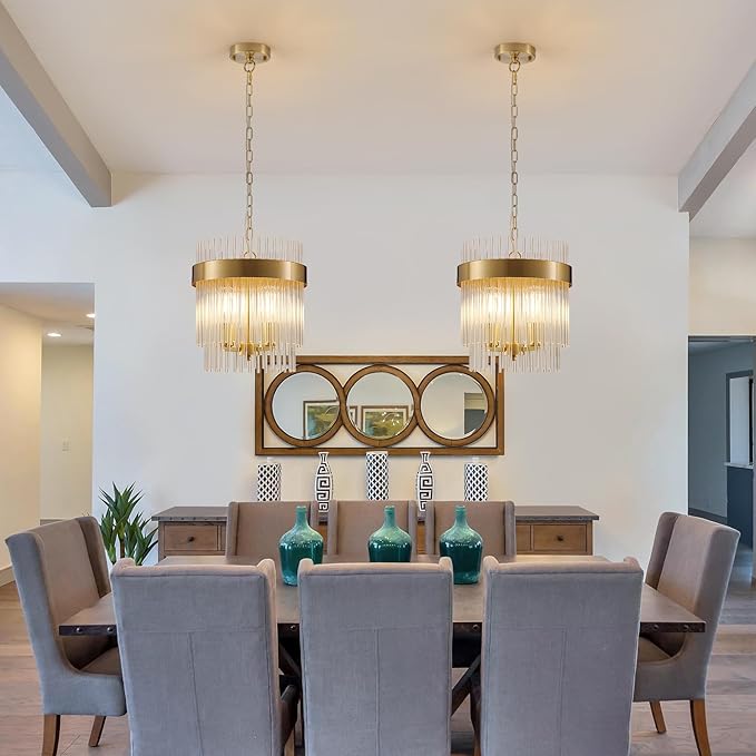 Dijiahua 3-Light Gold Pendant Lights Kitchen Island, 2-Tiers Crystal Pendant Light Fixtures Over Table, 12.6''Dia Brass Dining Room Glam Chandelier,Modern Adjustable Cord Hanging Lamp for Bedroom