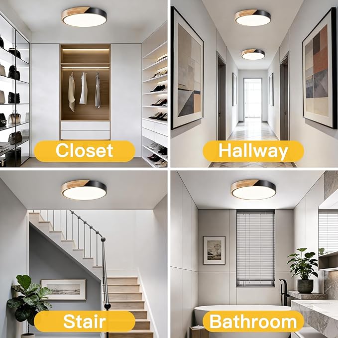 Modern Flush Mount Ceiling Light, Wood Ceiling Light Fixture, Natural White 4500K Not Dimmable, Minimalist Ceiling Lamp with Acrylic Lampshade for Bedroom, Living Room, Hallway(Black, 11.8")