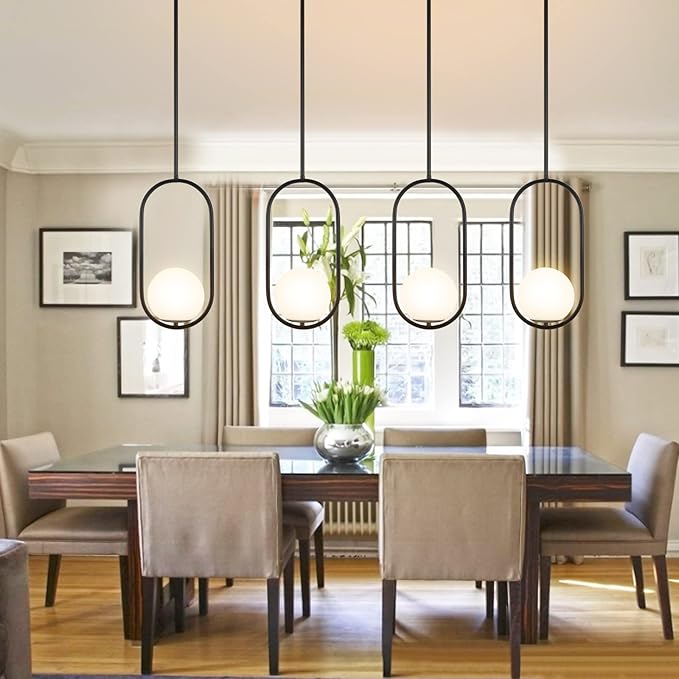 BYOLIIMA Modern Globe Pendant Light Mid Century Chandelier 1-Light Matte Black Ceiling Hanging Lighting Fixture with White Globe Glass Shade for Kitchen Island Dining Room Bedroom