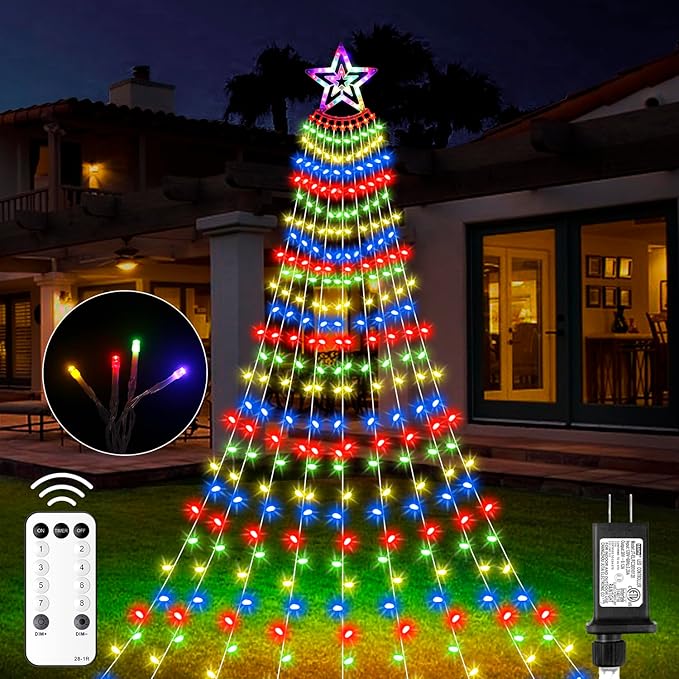Christmas Decorations Star Lights Outdoor, 11.48ft 350 LED Waterfall Tree Lights with 8 Modes Timer Remote Christmas Lights Plug in for Indoor Yard Patio Home Holiday Party Decor, Multi-Color