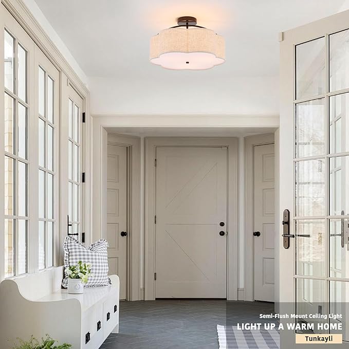 18" Semi Flush Mount Ceiling Light Modern 3-Lights Black Drum Ceiling Light Fixture with Fabric Linen Shade, Vintage Modern Ceiling Lighting for Laundry Room, Kitchen, Basement, Bedroom