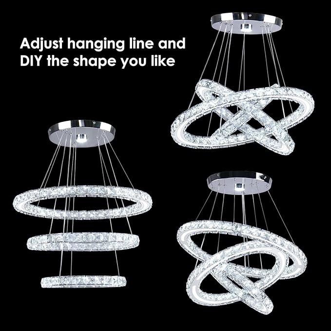 CXGLEAMING LED Chandeliers Modern Ceiling Light Fixture 3 Rings Adjustable Crystal Pendant Light Fixture Ceiling Hanging for Living Room Dining Room Bedrooms Hall 250mm Base 209 Crystals (Cool White)