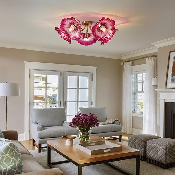 Flower Glass 5 Lights Ceiling Light - Red Vintage Floral Semi Flush Mount Chandelier Lighting Fixtures - Mid Century Modern Art Deco Lamp for Bedroom Bathroom Hallway Hall Laundry Kitchen Dining Room