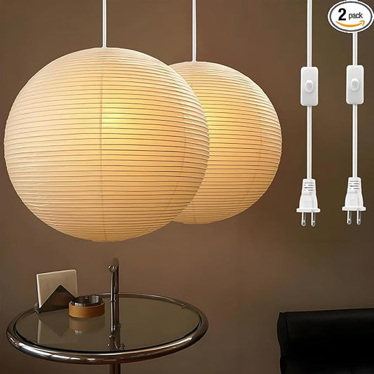 2 Pack Plug in Pendant Light,15 Ft Hanging Paper Lantern 12" White Paper Lamp Hanging Pendant Light with On/Off Switch for Birthday Wedding Living Room and Home Decor