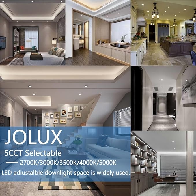 Jolux 12-Pack 5CCT Retrofit LED Recessed Lighting 6 Inch,Selectable 2700K/3000K/3500K/4000K/5000K,12W=60W,800Lumen,Dimmable Can Lights,Simple Installation Adjustable Retrofit Downlight,Bevel Trim