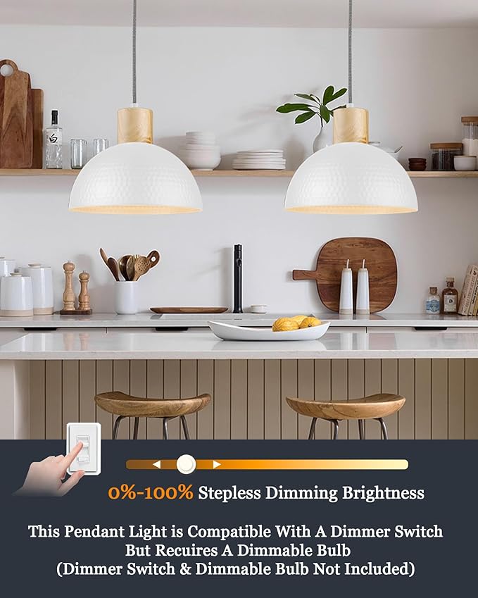ELYONA 2 Pack Hammered Pendant Lights, 12" Modern Metal Dome Hanging Lamp Solid Wood Pendant Light Fixtures for Kitchen Island, Farmhouse, Dining Room, Sink, Bedroom, Hallway, Nordic White