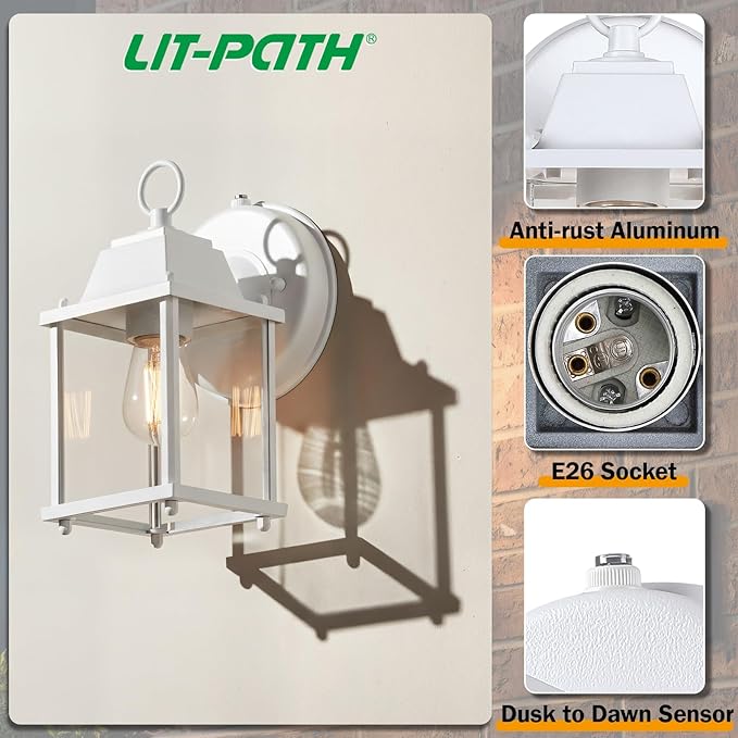 LIT-PaTH Dusk to Dawn Outdoor Wall Lantern, Wall Sconce Waterproof Porch Lighting Fixture, E26 Base, Aluminum Housing with Glass Shade, 1-Pack, White