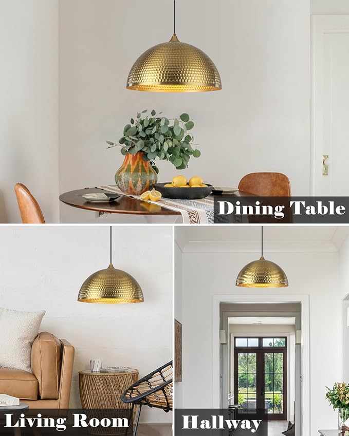 Gold Pendant Light 16 inch, Hammered Large Dome Pendant Light, Industrial Farmhouse Pendant Lights Kitchen Island, Gold Kitchen Pendant Lights for Kitchen, Dining Room Living Room 2 Pack