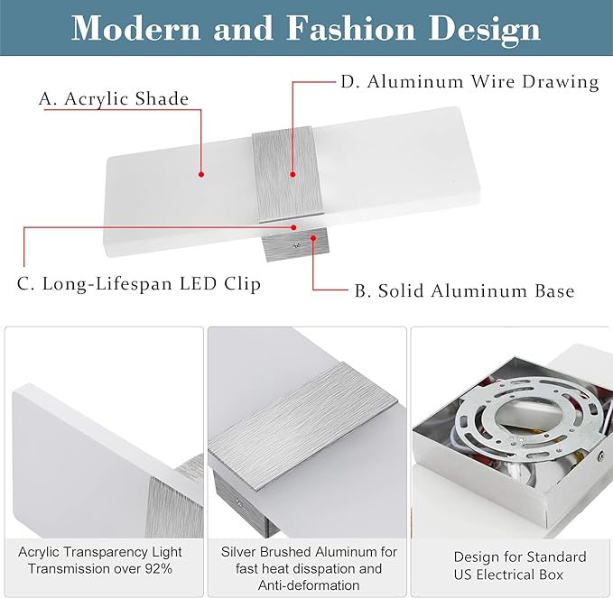 Lightess Modern Wall Sconce Dimmable 12W, Up Down Wall Lights Acrylic LED Wall Lamp for Hallway Bedroom Corridor, Cool White, HS521-1
