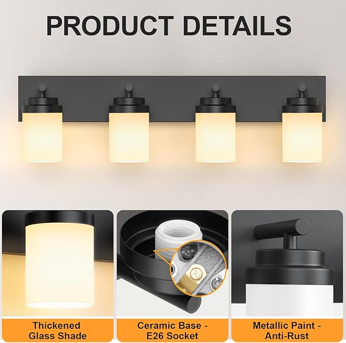 IZORRO Bathroom Vanity Light Fixture, 4-Light 30 Inch Matte Black Bathroom Light Fixtures Over Mirror, with White Glass Shade, Modern Farmhouse Vanity Lights, Rustic Restroom Lighting Fixtures