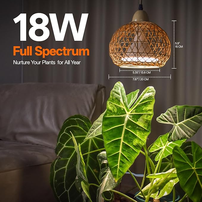 Bstrip Hanging Grow Lights for Indoor Plants, 18W Full Spectrum Plant Light with 4H/9H/14H Timer 15.9 FT Power Cord & Boho Rattan Shade, 3800K Hanging Lights for Indoor Plant, Tall Plant, Flowers