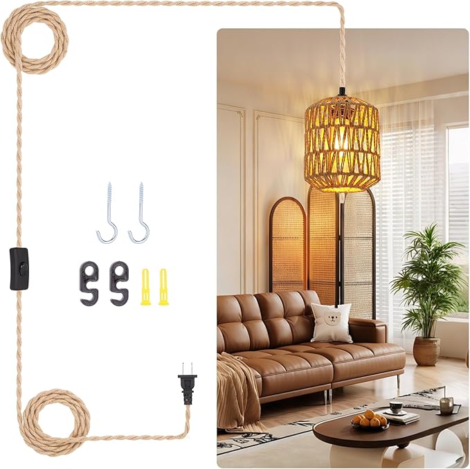 Pendant Light Hanging Lights 15ft Plug in Pendant Light - Hanging Light with On Off Switch Plug in Cord Pendant Light Fixture E26 E27 Light SocketCord for Bedroom Living Room ( 5-Paper Cord Shade)