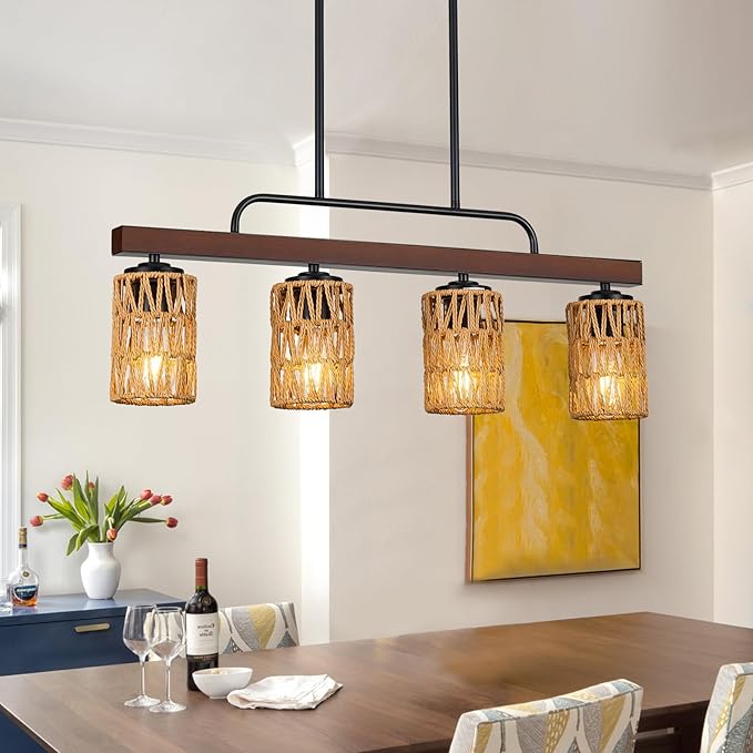 Farmhouse Dining Room Light Fixtures, 30" Rattan 4-Light Wood Kitchen Island Lights Fixture Boho Linear Chandelier Black Hanging Pendant Lighting Over Table