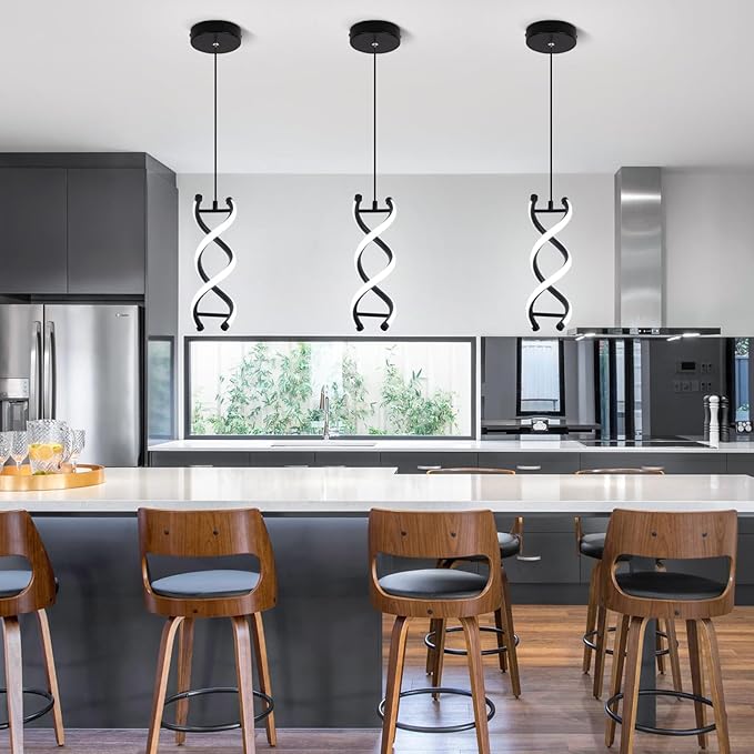 CANEOE Spiral Led Pendant Light Fixture,15W 6000K Modern Integrated LED Hanging Lamp, Adjustable Height Black Kitchen Island Light Fixture for Dining Room Bedroom Kitchen Sink, 1 Pack (Black)