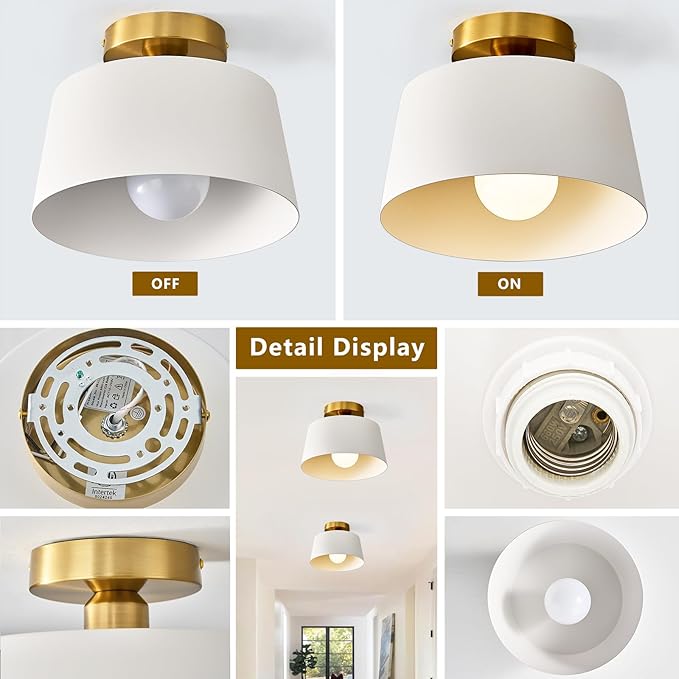Modern Semi Flush Mount Ceiling Light 2 Pack,Metal Ceiling Light Fixture,E26 Ceramic Lamp Head,White and Gold Ceiling Lamp for Hallway Kitchen Entryway Bedroom Laundry Room (10Inch)