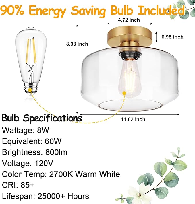 Lynnoland Industrial Semi Flush Mount Ceiling Light (X-Large), Clear Glass Shade Ceiling Light Fixture, Brushed Gold Light Fixture for Hallway Bathroom Bedroom, Vintage Hanging Light Fixtures