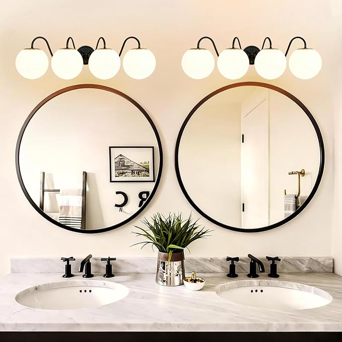 4 Lights Vintage Bathroom Vanity Light Fixtures Over Mirror, Matte Black Vanity Lights For Bathroom With Milk White Glass Globe Shade, Wall Lights For Bedroom, Hallway, Dressing Table(Includ G9 Bulbs)
