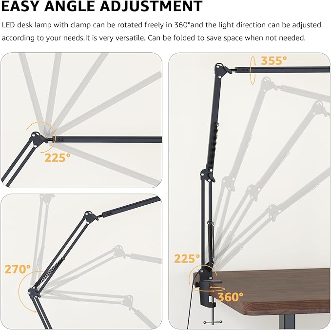 Upgrade Swing Arm LED Desk Lamp with Clamp, 80 LED Beads, 5 Color Modes & 11 Brightness Levels, 360° Adjustable Arm, Eye-Caring Light CRI95, Timer & Memory Function, for Office, Study, Crafting
