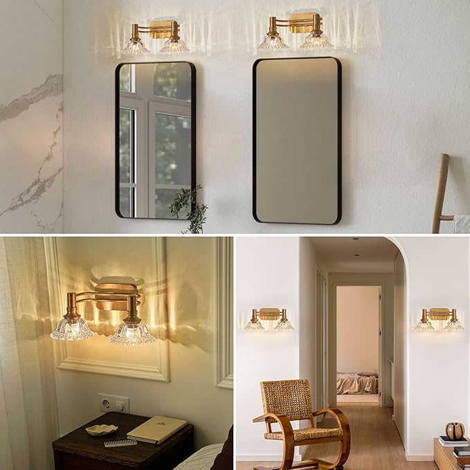 Vintage Brass Bathroom Vanity Light Fixtures 2-Light Bathroom Light Fixtures Wall Sconces Lighting for Bathroom Living Room Bedroom/Entryway