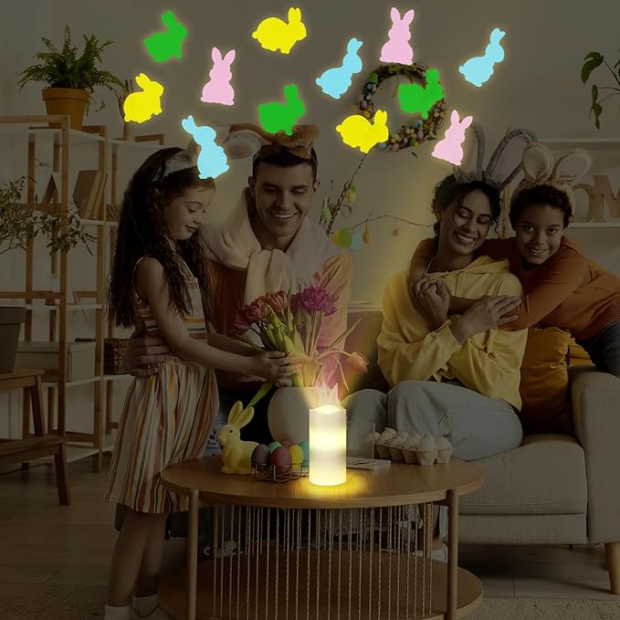 Baquler Easter Bunny Decor Flameless Candles Projector Lights Easter LED Candle Battery Operated Bunny Night Light with Remote Timer Gift Basket Party for Spring Farmhouse Table Home Decor