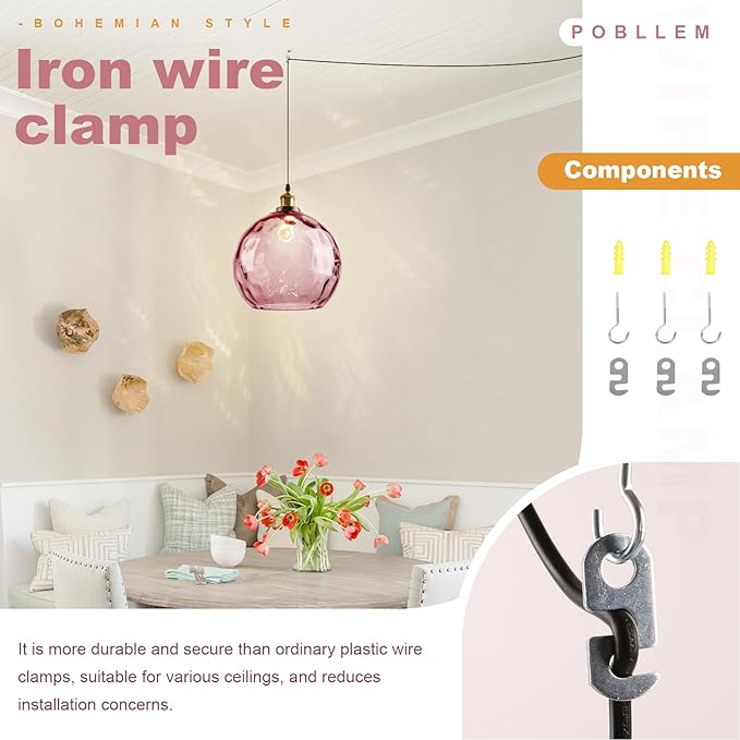 13.8-inch Globe Hanging Lamp with Plug in Cord, Pink Glass Pendant Light Vintage Plug in, Large Hammered Glass Hanging Swag Lamps for Kitchen Dining Room Girls Bedroom Living Room