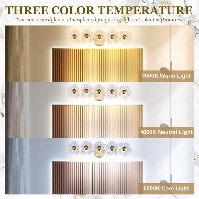 26.7" Gold Bathroom Light Fixtures 5 Light Floral Vanity Lights, 3-Color Dimmable Bathroom Vanity Light Elegant Led Wall Lights Cordless Wall Sconces for Decor,Bathroom,Livingroom