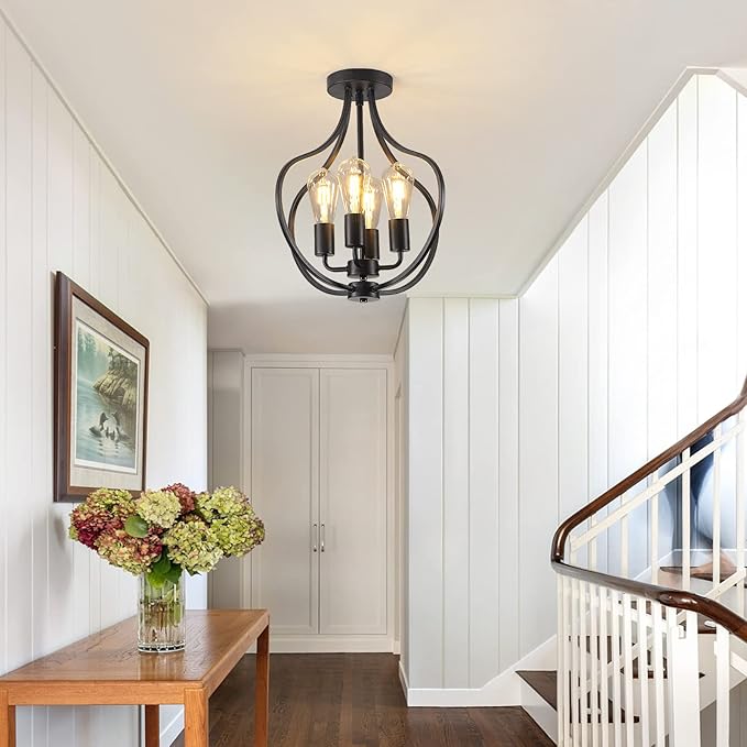 4-Light Farmhouse Semi Flush Mount Ceiling Light,Modern Rustic Metal Industrial Ceiling Light Fixture,Black Chandelier for Kitchen Island Dining Room Bedroom Living Room Foyer Hallway Entryway