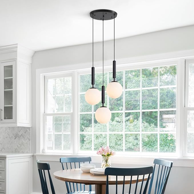 KCO Lighting 3 Light Globe Cluster Pendant Light Modern Large Milk Glass Chandelier Mid Century Black Cluster Chandelier Pendant Lighting Vintage Multi Light Hanging Ceiling Fixture