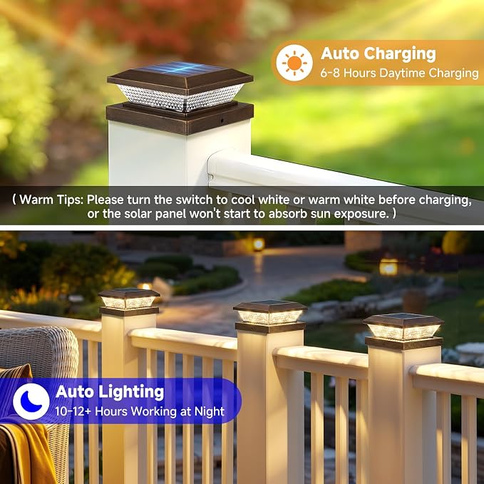Mlambert 4x4 Solar Post Cap Lights Outdoor 12 Pack, Waterproof Solar Fence Light for Wooden/Vinyl Post, 2 Color Outside Deck Patio Porch Decor, Brown