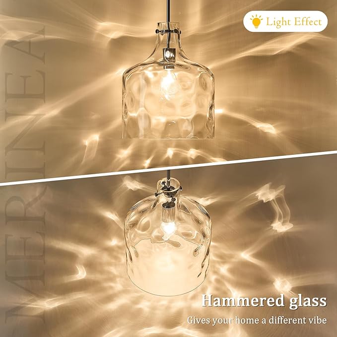 Farmhouse Pendant Light – Hand-Blown Clear Hammered Glass Shade, Chrome Finish, Adjustable Chain Hanging Fixture for Kitchen Island, Dining Room & Hallway, 15" H x 12" D